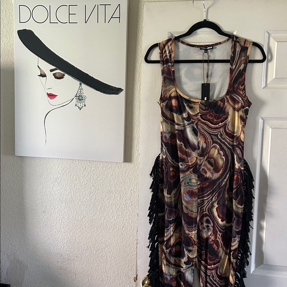 Fashion Nova Multicolor Abstract Fringe Jumpsuit